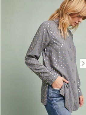 Like New! MONARC Rene Foil Spot Blouse Polka Dot Button-Up Gray/Gold in Size S